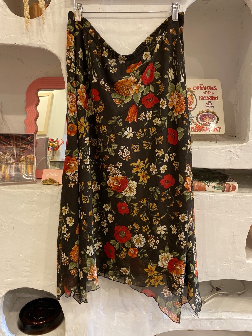 Dark Brown Y2K Floral Mesh Midi Skirt with Flowy Fairy Core Handkerchief Hem